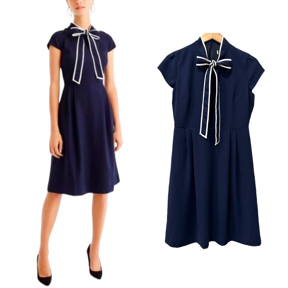 J. Crew Women's Size 10 Tie Neck Dress 365 Crepe Navy Blue Lined Career